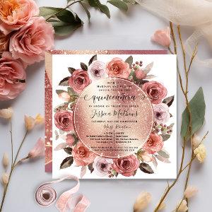 Quinceanera Blush Floral Rose Gold Glitter