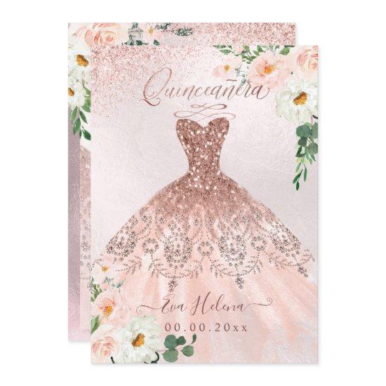 Quinceañera, Blush Floral Sparkle Gown Rose Gold
