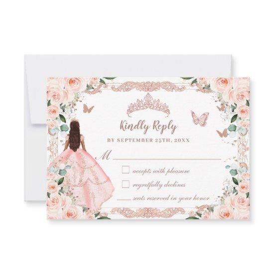 Quinceañera Blush Floral Vintage Rose Gold Dress RSVP Card