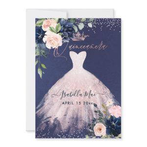 Quinceanera Blush Navy Blue Watercolor Flowers Inv
