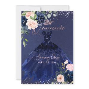 Quinceanera Blush Navy Blue Watercolor Flowers Inv