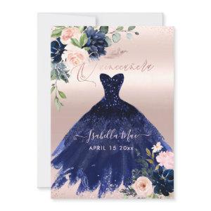 Quinceanera Blush Navy Blue Watercolor Flowers