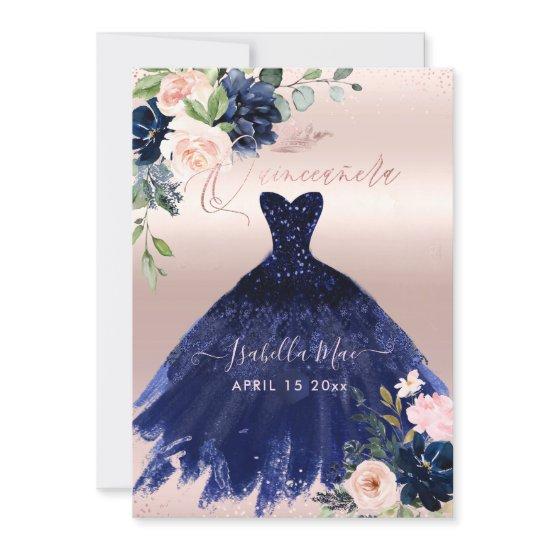 Quinceanera Blush Navy Blue Watercolor Flowers