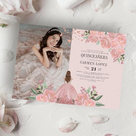 Quinceañera Blush Ping Gold Floral Princess Photo