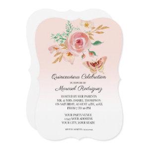 Quinceañera Blush Pink Butterfly w Flowers n Gold