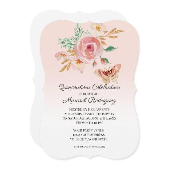 Quinceañera Blush Pink Butterfly w Flowers n Gold