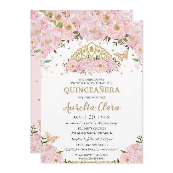 Quinceañera Blush Pink Floral Butterflies Tiara