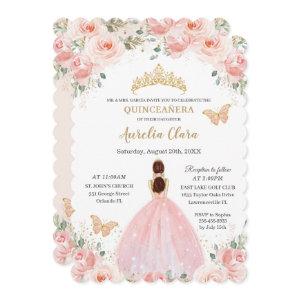 Quinceañera Blush Pink Floral Gold Crown Butterfly