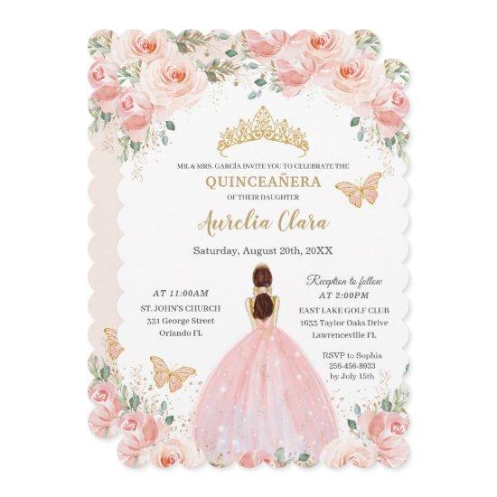 Quinceañera Blush Pink Floral Gold Crown Butterfly