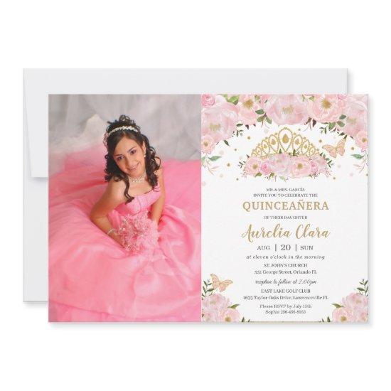 Quinceañera Blush Pink Floral Princess Crown Photo