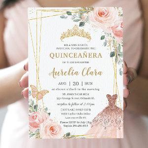 Quinceañera Blush Pink Floral Princess Gown Tiara
