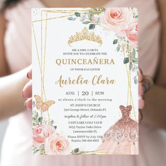 Quinceañera Blush Pink Floral Princess Gown Tiara