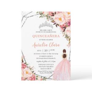 Quinceañera Blush Pink Floral Princess Silver Invi