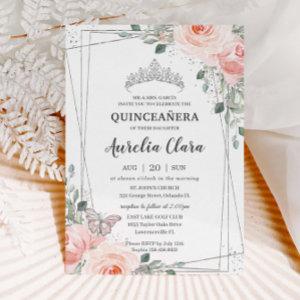Quinceañera Blush Pink Floral Rose Butterfly Crown
