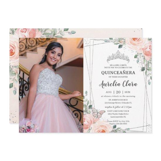Quinceañera Blush Pink Floral Rose Butterfly Photo