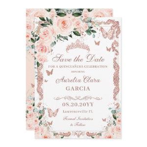 Quinceañera Blush Pink Floral Rose Gold Butterfly Save The Date