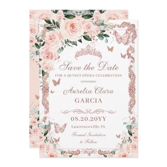 Quinceañera Blush Pink Floral Rose Gold Butterfly Save The Date