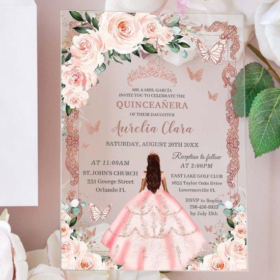 Quinceañera Blush Pink Floral Rose Gold Princess Acrylic