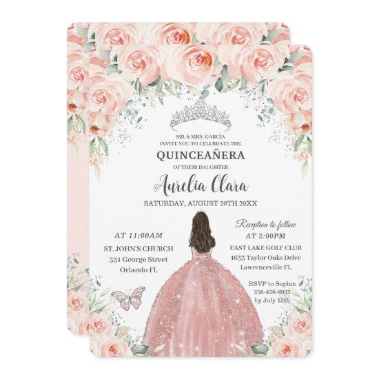 Quinceañera Blush Pink Floral Rose Princess Silver