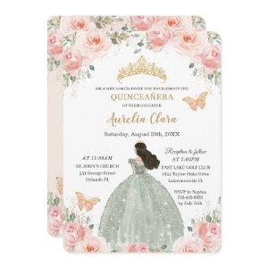 Quinceañera Blush Pink Floral Sage Green Dress