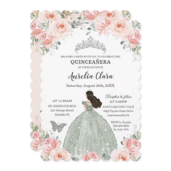 Quinceañera Blush Pink Floral Sage Green Dress