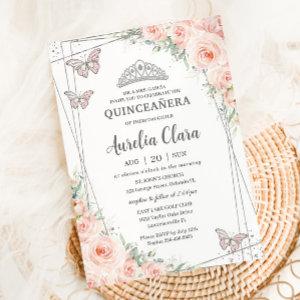 Quinceanera Blush Pink Floral Silver Butterflies