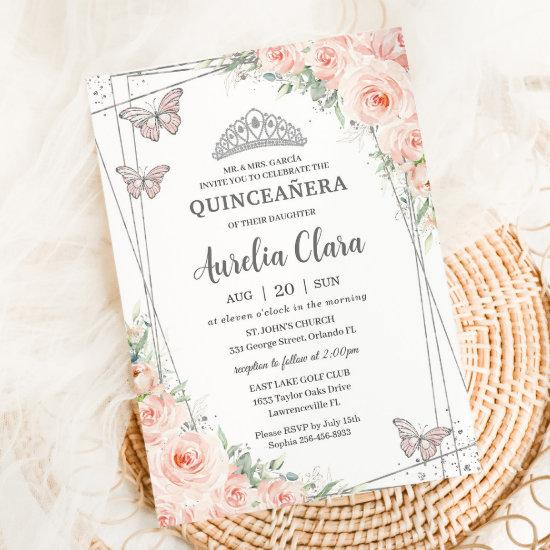 Quinceanera Blush Pink Floral Silver Butterflies