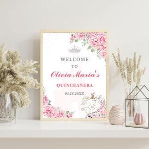 Quinceanera Blush Pink Floral Silver Welcome Sign