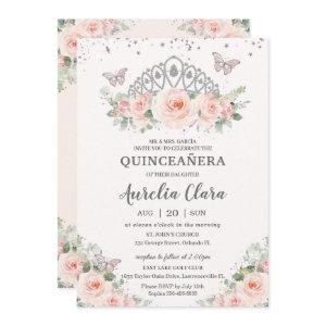 Quinceañera Blush Pink Floral Tiara Butterflies
