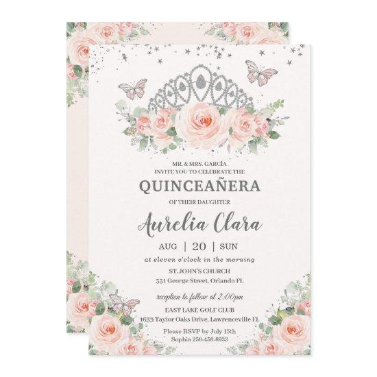 Quinceañera Blush Pink Floral Tiara Butterflies