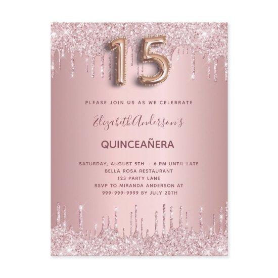 Quinceanera blush pink glitter drips  postcard