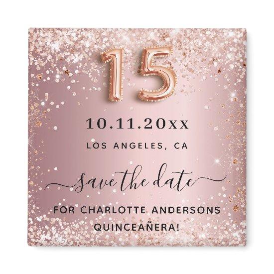 Quinceanera blush pink glitter dust save the date magnet