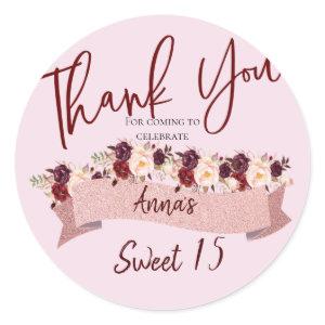 Quinceañera Blush Pink Glitter Floral Birthday Classic Round Sticker