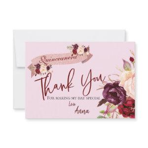 Quinceañera Blush Pink Glitter Floral Birthday Thank You Card