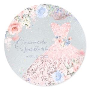 Quinceanera Blush Pink Glitter Gown Blush Roses Classic Round Sticker