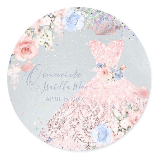 Quinceanera Blush Pink Glitter Gown Blush Roses Classic Round Sticker