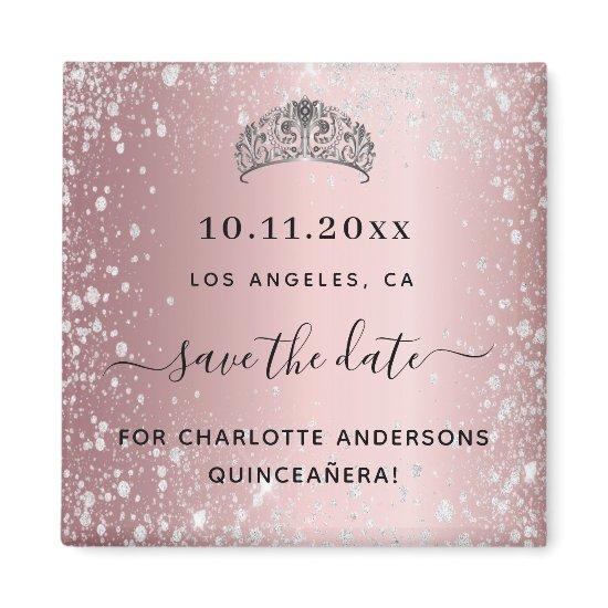Quinceanera blush pink glitter tiara save the date magnet