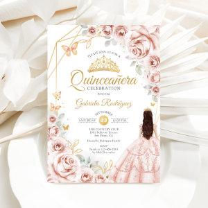 Quinceanera Blush Pink Gold Floral Dress