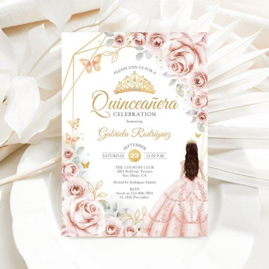 Quinceanera Blush Pink Gold Floral Dress