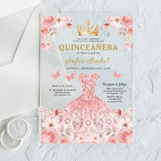 Quinceañera Blush Pink Rose Floral Butterfly Acrylic