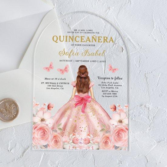 Quinceañera Blush Pink Rose Floral Butterfly Acrylic