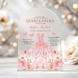 Quinceañera Blush Pink Rose Floral Butterfly Acrylic