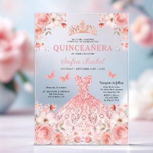 Quinceañera Blush Pink Rose Floral Butterfly Acrylic
