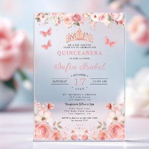 Quinceañera Blush Pink Rose Floral Butterfly Acrylic