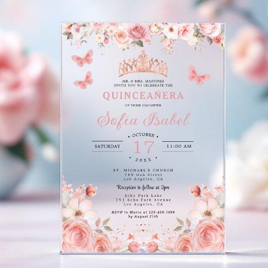 Quinceañera Blush Pink Rose Floral Butterfly Acrylic
