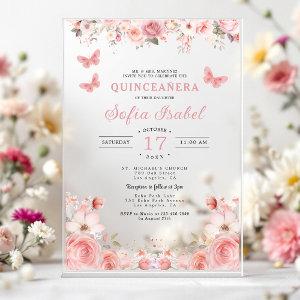 Quinceañera Blush Pink Rose Floral Butterfly Acrylic