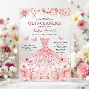 Quinceañera Blush Pink Rose Floral Butterfly Acrylic