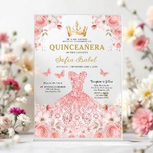 Quinceañera Blush Pink Rose Floral Butterfly Acrylic