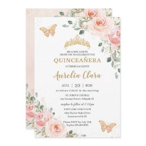 Quinceañera Blush Pink Rose Floral Butterfly Crown