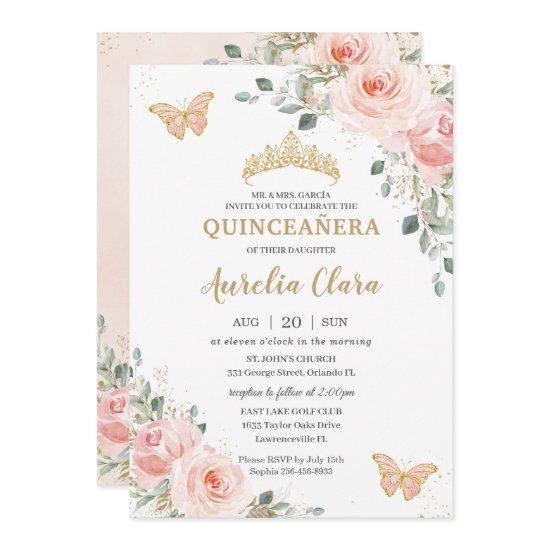 Quinceañera Blush Pink Rose Floral Butterfly Crown
